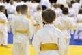 Children in kimono sitting on tatami on martial arts seminar Royalty Free Stock Photo