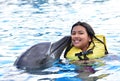 Children kissing dolphin in pool