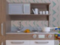 Children kitchen design interior play set with accessories.