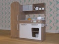 Children kitchen design interior play set with accessories.