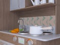 Children kitchen design interior play set with accessories.