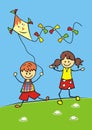 Children and kite, vector illustration, boy and girl