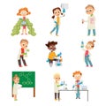 Children in Laboratory Coat Attending Chemistry Lesson Vector Set