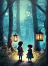children with a lantern lost in the evening forest