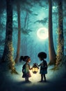 children with a lantern lost in the evening forest