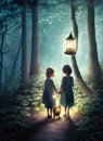 children with a lantern lost in the evening forest