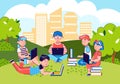 Children with laptop computers learning in city park - vector illustration Royalty Free Stock Photo