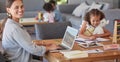 Children, laptop and woman working from home on freelance blog, check email and girl have fun playing in living room Royalty Free Stock Photo