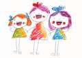 Children laugh and sing. Happy girls. Kids drawing style. Pencil or Crayon drawing