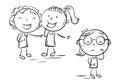 Children laughing and pointing at the shy girl in glasses, school bullying, outline doodle drawing