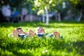 Children laying on grass. Family picnic in spring park Royalty Free Stock Photo