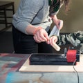 Children learn to make custom objects in fablab classes. Joiner`s training on makerfaire. Royalty Free Stock Photo
