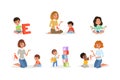 Children learning alphabet set. Preschool kids and teacher sitting on the floor, children doing speech therapy with Royalty Free Stock Photo