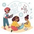 Children learning coding and robotics with laptops and tablets in a bright imaginative setting Royalty Free Stock Photo
