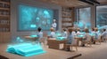 Children learning about data privacy in a classroom of the future. holographic books and screens. By generative Ai Royalty Free Stock Photo