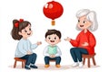 Children learning Lunar New Year customs from elder, sharing wisdom and joy. Royalty Free Stock Photo