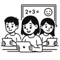 Children Learning with Tablets in Classroom â Cartoon Vector Royalty Free Stock Photo