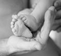 Children leg in adult parent`s arm. Newborn Royalty Free Stock Photo