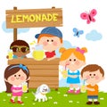 Children at a lemonade stand drinking lemon juice. Vector illustration Royalty Free Stock Photo