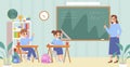 Children at lesson in classroom. Young female teacher standing at chalkboard and teaching for toddlers. Preschool class