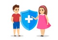 Children life and health insurance banner concept. Boy and girl near protection shield with medical symbol. Kids medical