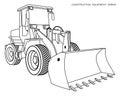 Children linear drawing for coloring book. Construction equipment loader, bulldozer in linear. Industrial machinery and equipment