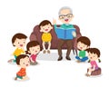 children listen dad mom grandparents reading book on sofa Royalty Free Stock Photo