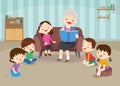 children listen grandparents reading on sofa Royalty Free Stock Photo