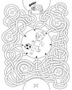 Children logic game to pass the maze. Boy is playing soccer