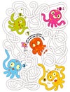 Children logic game to pass the maze. Color the octopuses tentacles