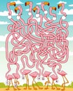 Children logic game to pass the maze. Funny flamingos with long, tangled necks