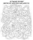Children logic game to pass the maze. Worksheet page. Coloring book