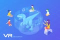 Children looking on Dinosaur in Virtual Glasses. Virtual Reality VR Education Online Isometric Flat vector illustration