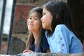 Children looking out over stone wall Royalty Free Stock Photo