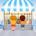 Children looking the showcase in guitar shop