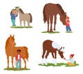 Children Lovingly Care For Horses, Feeding Them Apples, Hugging, Kid Characters Creating A Heartwarming Scenes