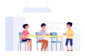 Children on lunch. School kids eating, cafeteria room table. Flat students in canteen meeting new friend, dining time Royalty Free Stock Photo