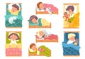 Children lying in beds. Boys or girls sleep in different poses. Cute little kids dream. Patterned bedding linen. Pets