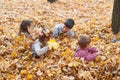 Children are lying and playing on fallen leaves in autumn city park Royalty Free Stock Photo