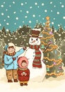 Children make snowman, cartoon colorful drawing, vector illustration. Painted cute boy and girl, funny snowman and New Year`s Royalty Free Stock Photo