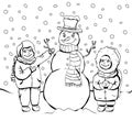 Children make snowman, coloring, cartoon linear outline drawing, vector black and white illustration, holiday background. Painted