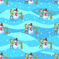 Children make a snowman. Illustration winter seamless background.