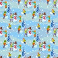 Children make a snowman. Illustration winter seamless background.