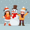 Children make a snowman. Vector illustration