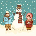 Children make snowman, winter fun, cartoon colorful drawing, vector illustration, card, poster, banner, holiday background. Royalty Free Stock Photo