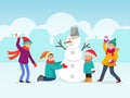 Children making snowman vector illustration. Two child make snow man, other playing snowballs. Winter fun Royalty Free Stock Photo