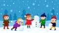 Children making snowman. Winter outdoor activity, xmas holidays fun recreation cartoon vector illustration. Happy kids