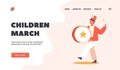 Children March Landing Page Template. Musician Boy Character Walking and Playing Drum. Orchestra Playing Instrument