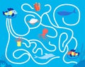 Children maze game. Kindergarten leisure, fun colorful animal labyrinth. Kids find solution play, sea life puzzle map