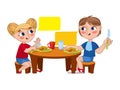 Children at a meal. A boy and a girl are eating .